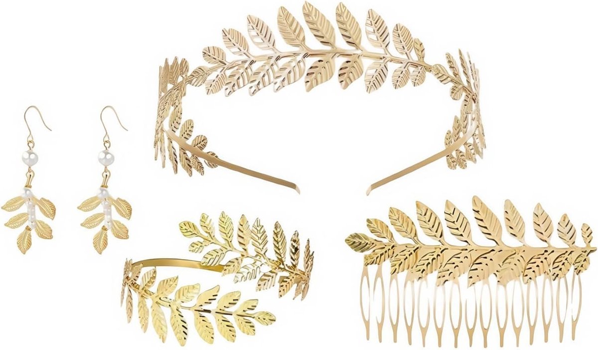 Griekse Godin Kostuum Accessoires Set met Gouden Sieraden, Laurellen Krans, Parelsieraden en Haaraccessoires voor Feest en Theatrale Optredens