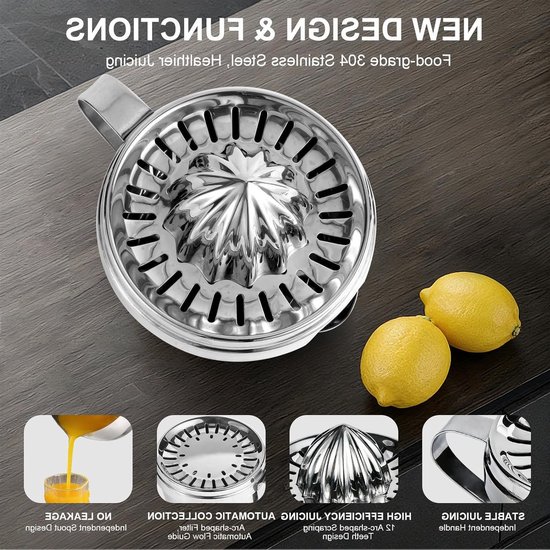 Handmatige Citrus Juicer van Roestvrij Staal met 500 ml Container en 2 Accessoires - Draagbaar, Vaatwasserbestendig en Roestvrij voor Citroen, Limoen, Sinaasappel en Grapefruit — afbeelding 2