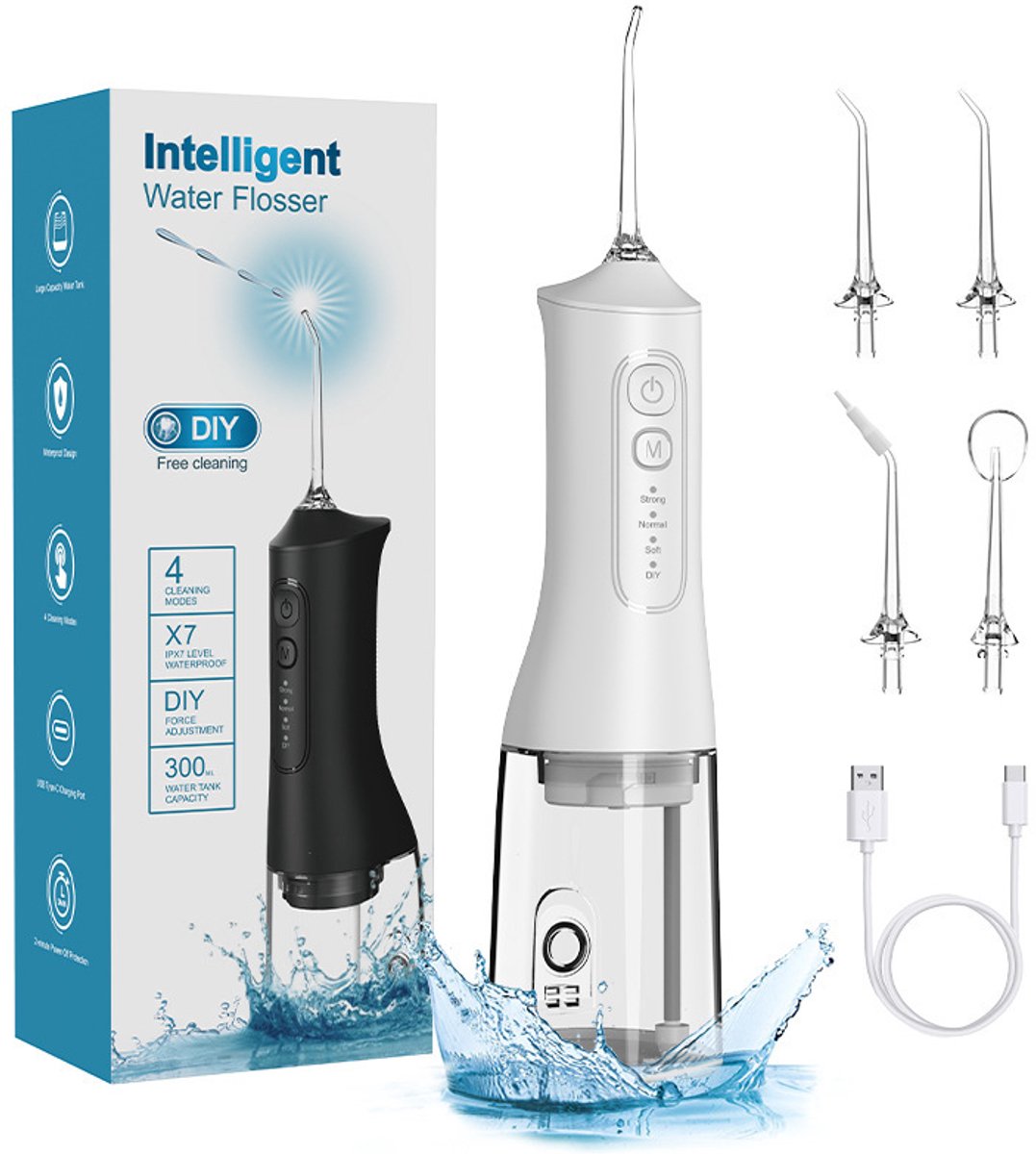 Waterflosser - Oplaadbare 300ml IPX7 Waterdichte Draadloze Monddouche - 4 Standen & 6 Opzetstukken - Professionele Tandenreiniger voor Thuis, Reizen, Tandvlees, Beugels - Wit - 1 Stuk
