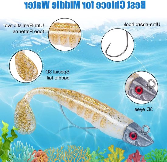 Spinning Visaas, Rubber Vissen, Zachte Aas met Loodkop Haak, Aas voor Zeebaars, Snoek en Forel, Visspullen voor Zoet- en Zoutwater — afbeelding 3