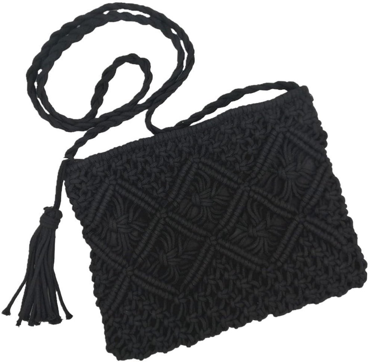 Dailygoody - Handgemaakte macramé schoudertas - Dameshandtas met kwast - Zwart - Katoenen schoudertas - Perfect voor verschillende outfits - Compact f
