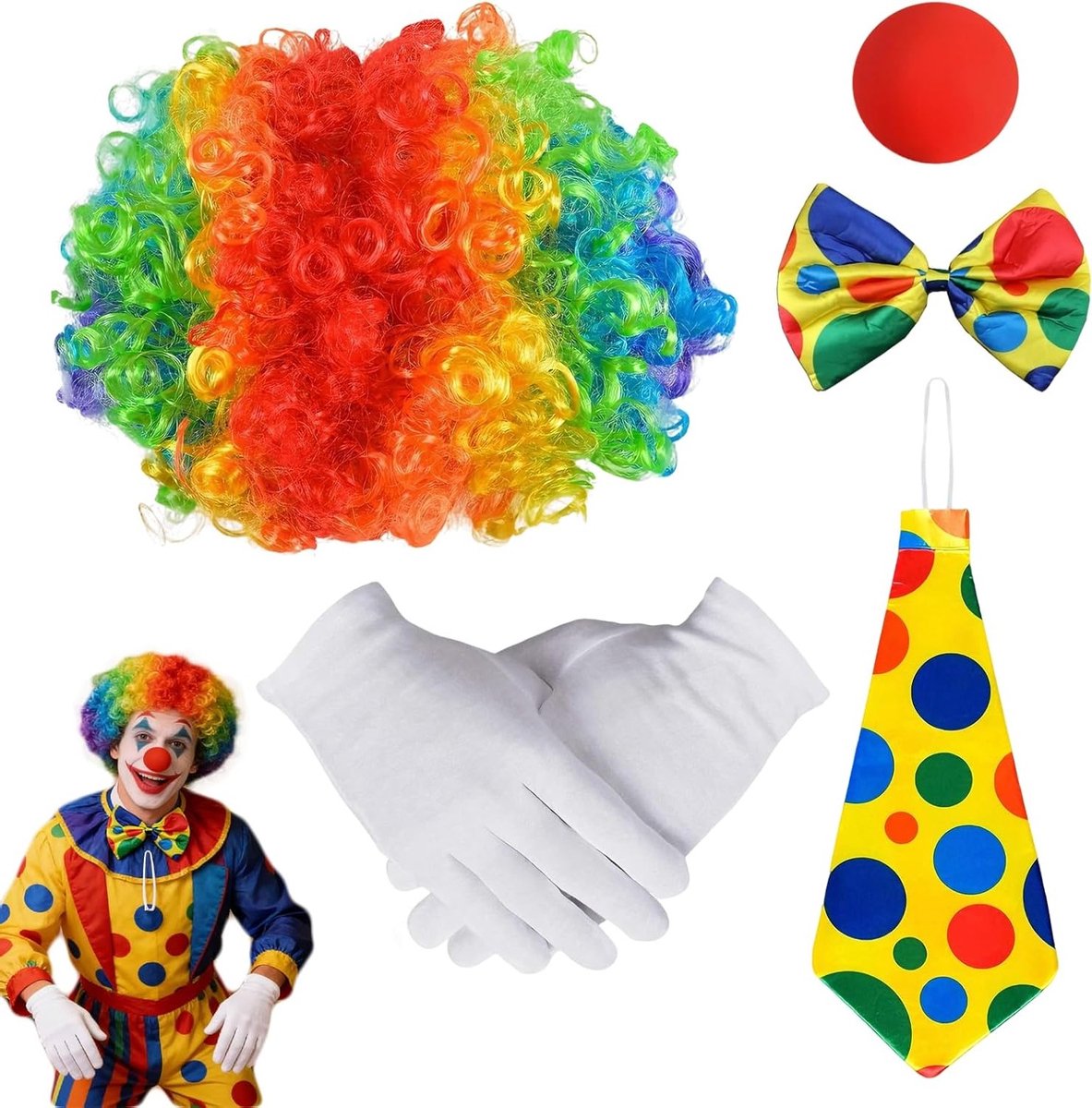 Volwassen Clown Kostuum met Clownhaar, Rode Neus, Handschoenen en Kleurrijke Accessoires voor Halloween en Feestjes, Maat: Universeel