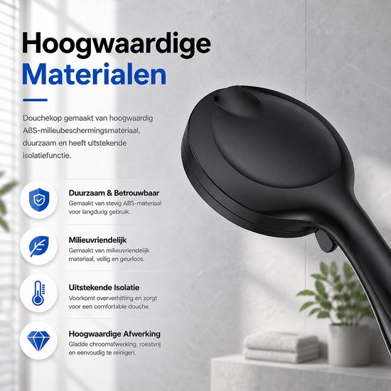 Close-up van een zwarte douchekop, gemaakt van duurzame ABS-materialen met isolatiefunctie.