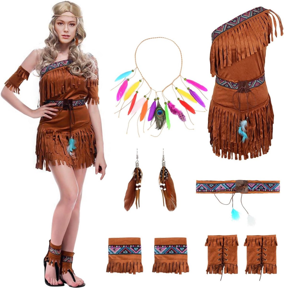 Vrouwelijk Indiaans Kostuum met Veer Hoofdband, Armband en Voetenzak voor Carnaval en Cosplay
