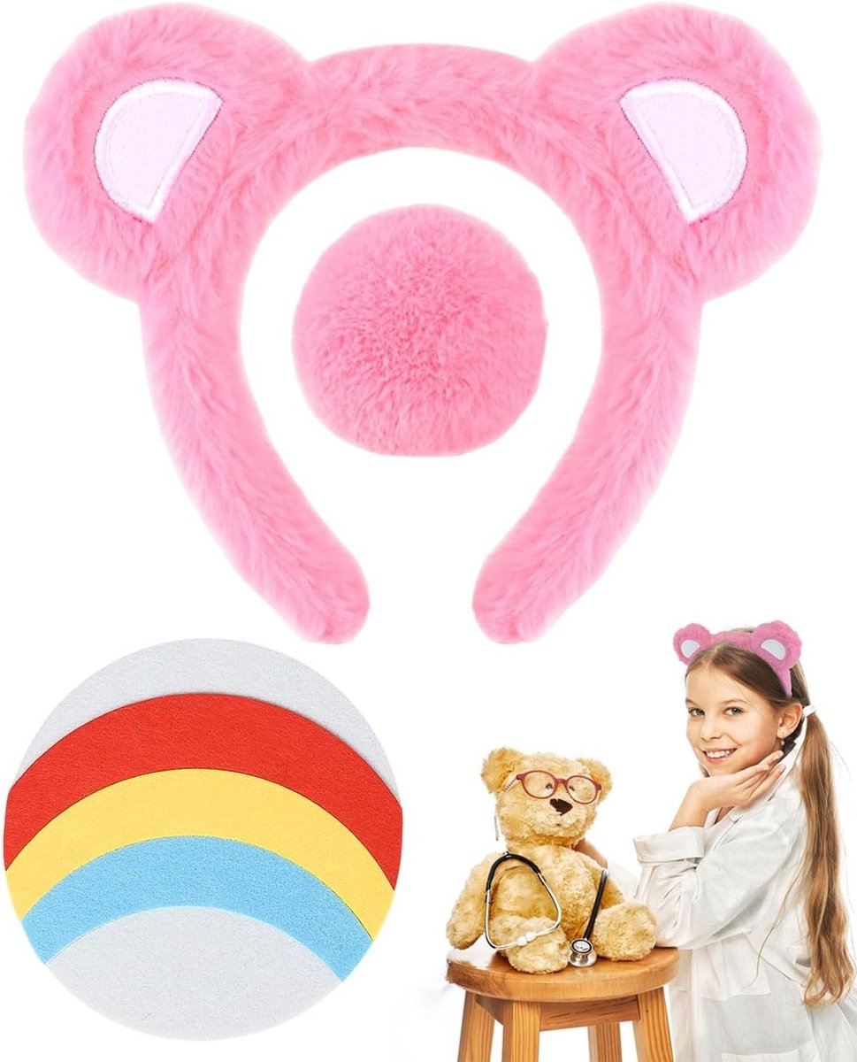 Dames Kostuum voor Carnaval met Berenoren, Staart en Stickers voor Feestjes en Cosplay (Roze)