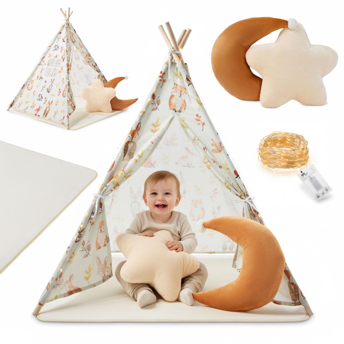 Mamabrum Kinder Tipi Tent met LED Verlichting, Speelmat en Kussens – Speeltent voor Kinderen – Bosdieren Design