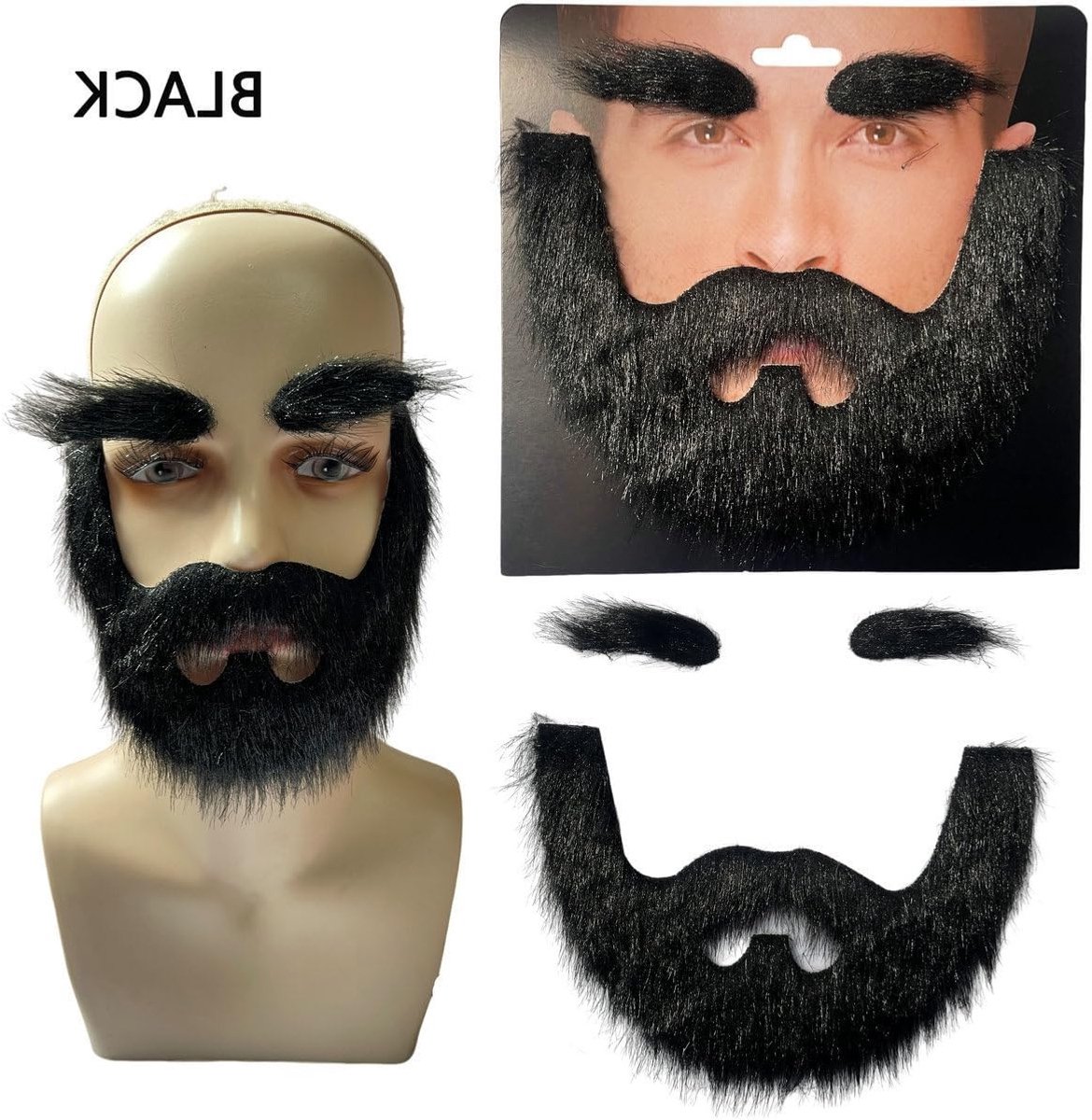 Set van Neppe Snorren en Baarden - Zelfklevende Gezichtshaar voor Kostuum en Halloween Feest (Zwart)