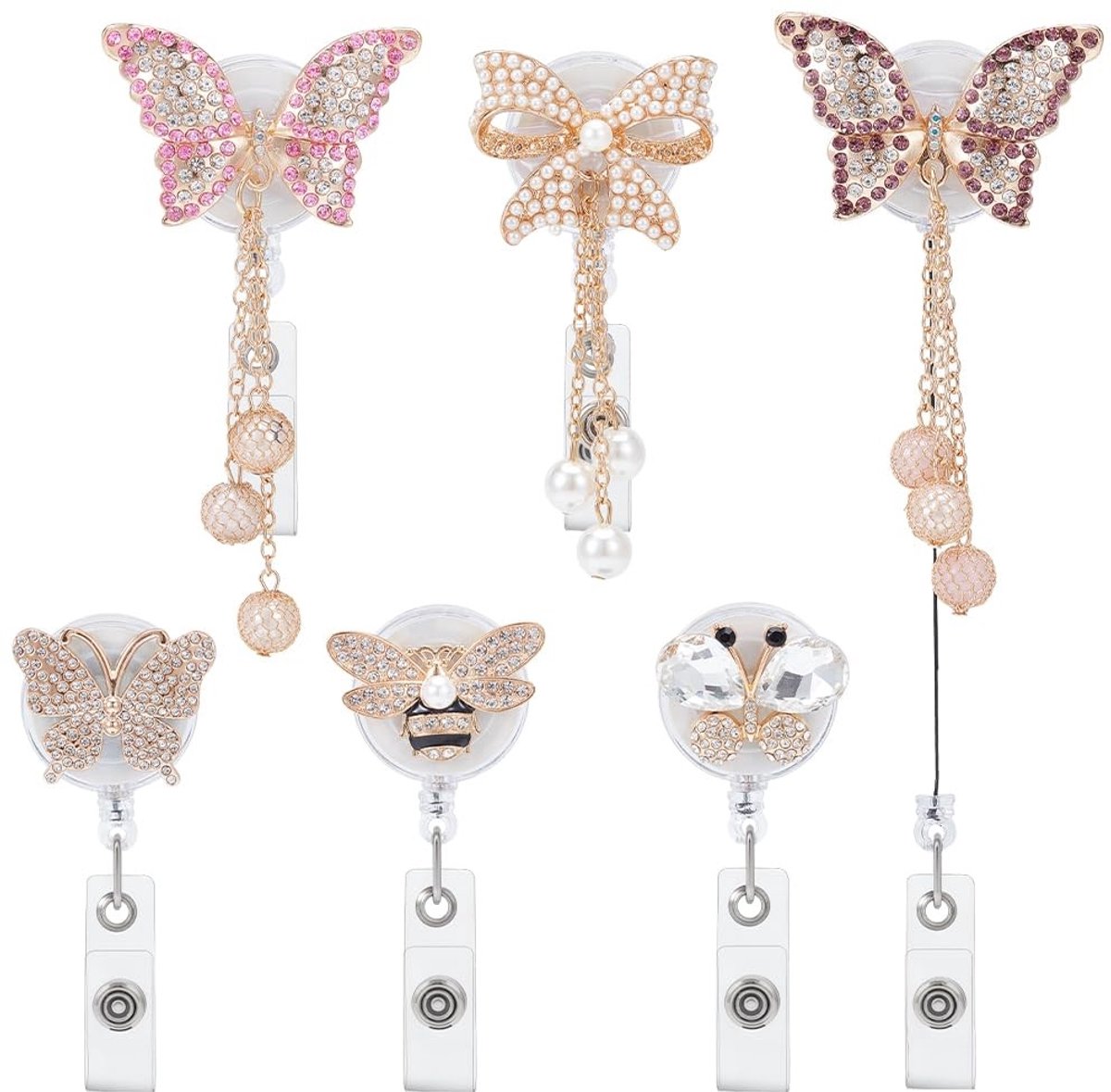 Dailygoody - Intrekbare Badge Reel - Vlinder ID Kaarthouders - Luxe Strass - Voor Leraar Verpleegkundige Arts - 6 Stks 6 Stijlen
