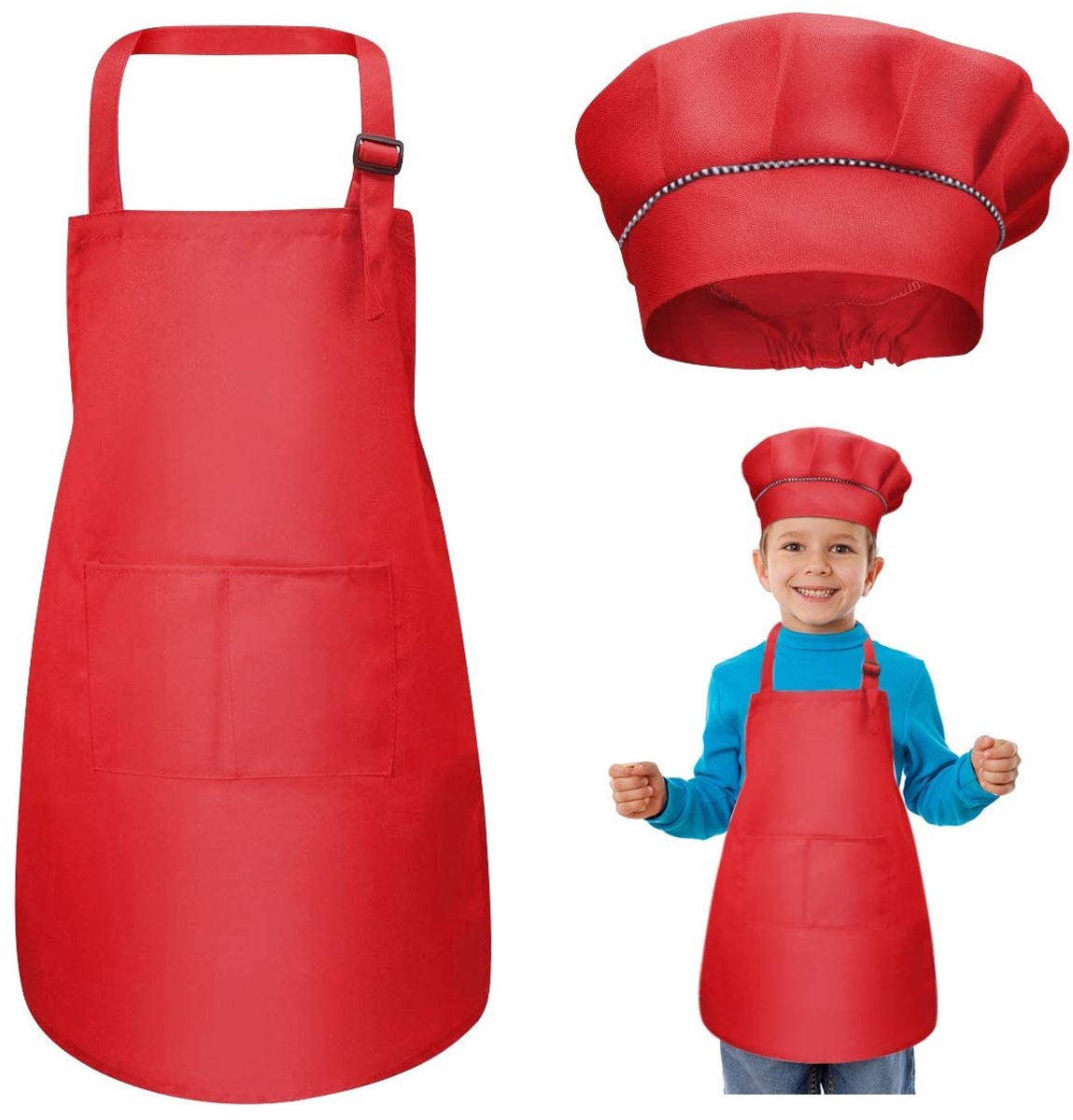 Dailygoody - Kinderschort en Kookmutsen Set - Verstelbaar Kookschort - Rood - Keukenschort voor Koken en Bakken - Geschikt voor Jongens en Meisjes