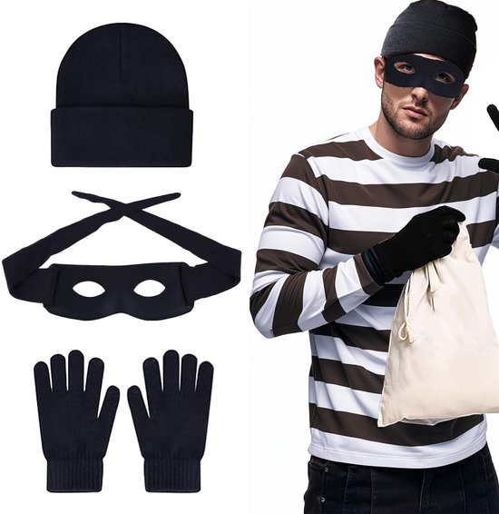 Dailygoody - Dief Kostuum Set - Roverskostuum - Voor Carnaval en Halloween - Inclusief Oogmasker en Muts - Themafeest - Volwassenen - 3-delig