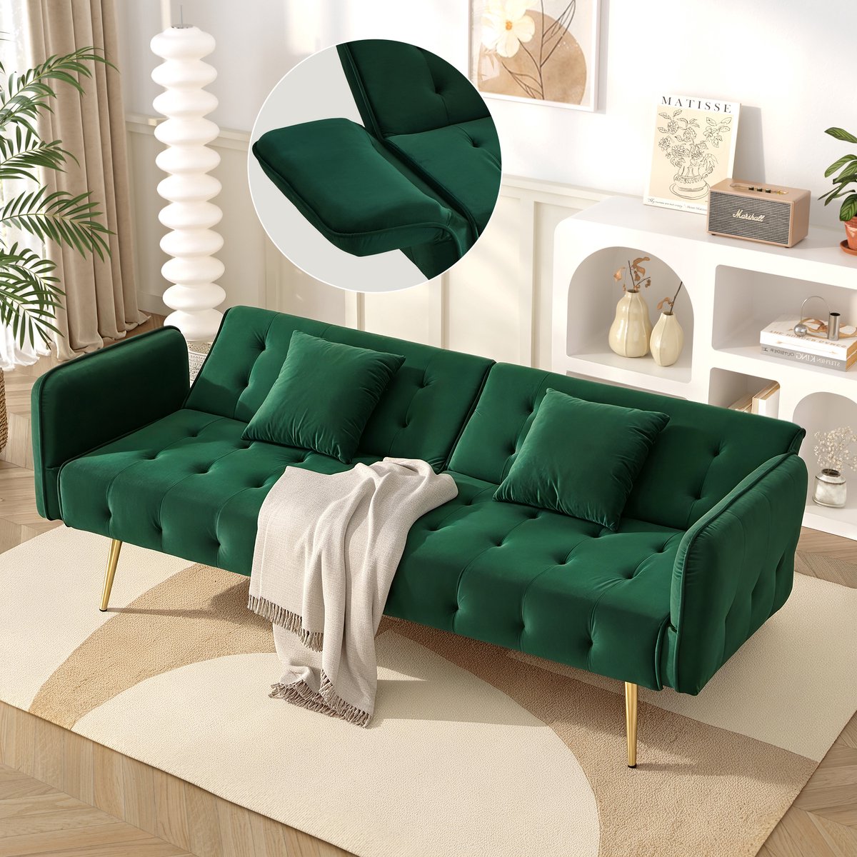 Slaapbank 2 Persoons - Verstelbare rugleuning - Gouden poten - Zetelbed - Vouwbed - 178x82x70 cm - Flueel - comfortabel - Groen