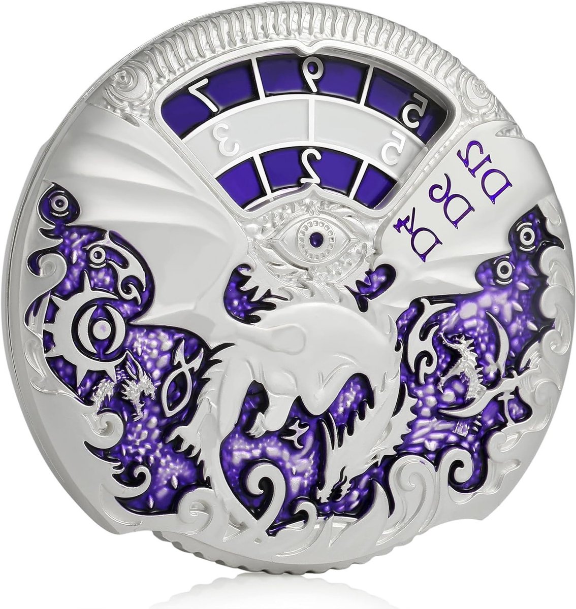 Dungeons and Dragons Roulette Spinner Dobbelstenen Set - 7-in-1 Metalen Dobbelstenen met Luxe Cadeauverpakking voor Bordspellen en Rollenspellen (Zilver met Paars)