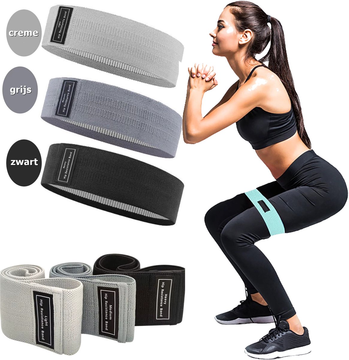 CenZ® Weerstandsbanden Set, Resistance Band, Set van 3 stuks, Antislip Weerstandsbanden, Fitness Elastiek Booty Band, Weerstand Banden, Sport Banden, Home Workout, Stretch Band, met Opbergtasje, Creme, Grijs, Zwart