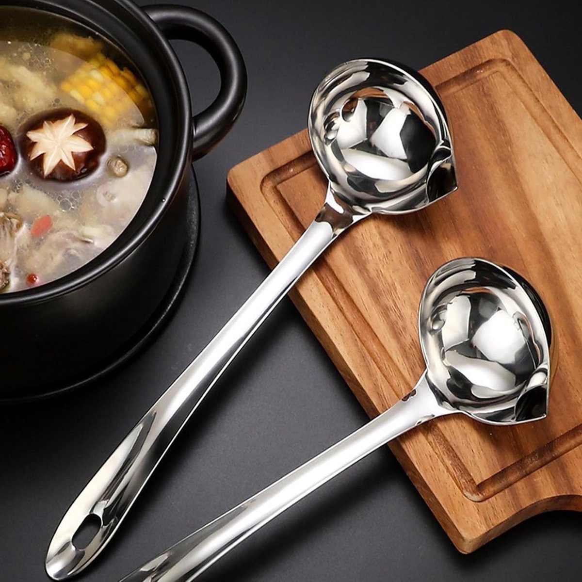 Roestvrijstalen Lepels Set van 2, Ideaal voor Oliefilteren, Voedselolie Scheiden en Koken met Heet Vet