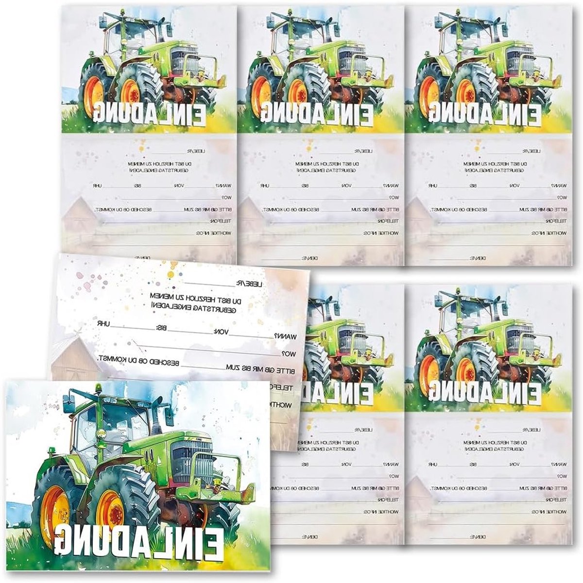 Tractor verjaardagsuitnodigingen voor jongens, 12 stuks, perfect voor kinderfeestjes, schoolfeesten en tuinfeesten, 15 x 10 cm.