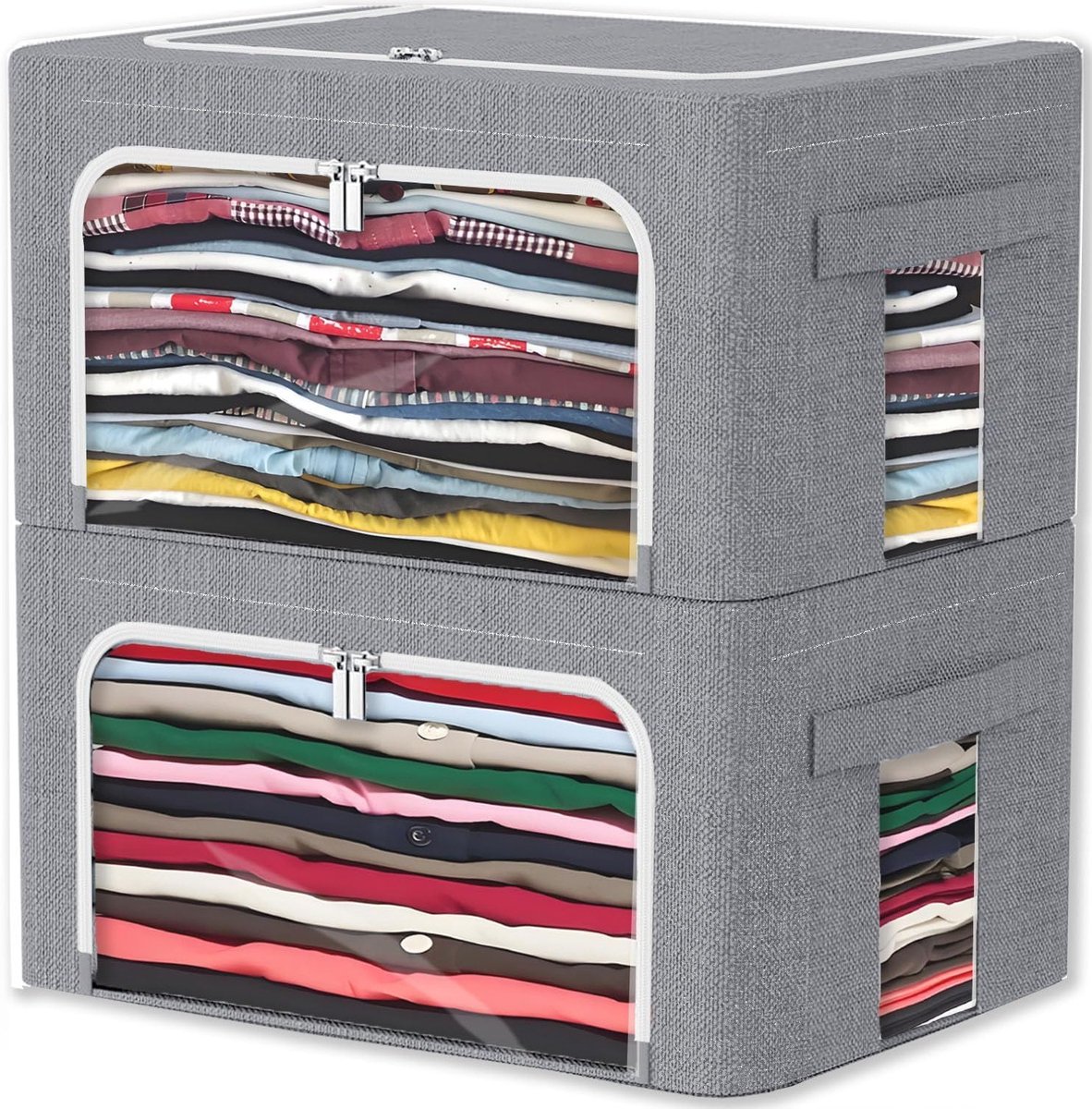 Opbergdozen met Deksel, 2 Stuks Grijze Opbergorganizer met Metalen Frame, Vouwen en Zichtvenster, Ideaal voor Kleding en Huishoudelijke Organisatie