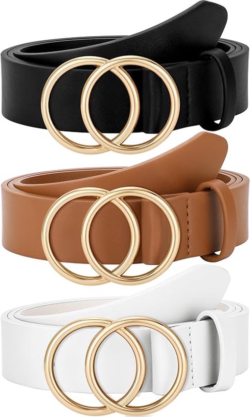 Lot de 3 ceintures - ceinture femme - Rétro élégant - Ceinture pantalon - Femme - Ceinture unisexe réglable - 105 cm - ceintures femme pour jeans robes pantalons ceinture taille en cuir femme avec boucle dorée - Noir, Blanc, Marron