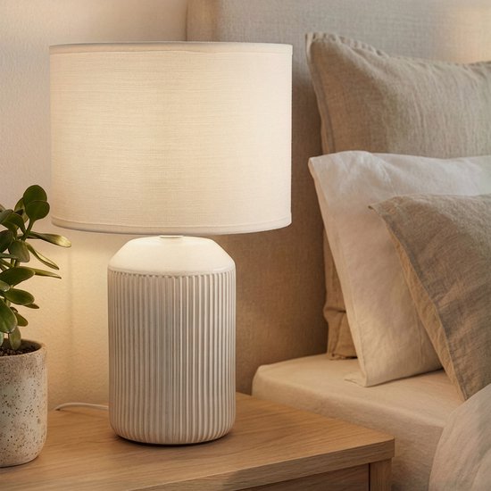 BRILONER - INO - Tafellamp - met stoffen kap & keramiek voet - bedlamp slaapkamer - Ø22 x 37,5 cm - wit