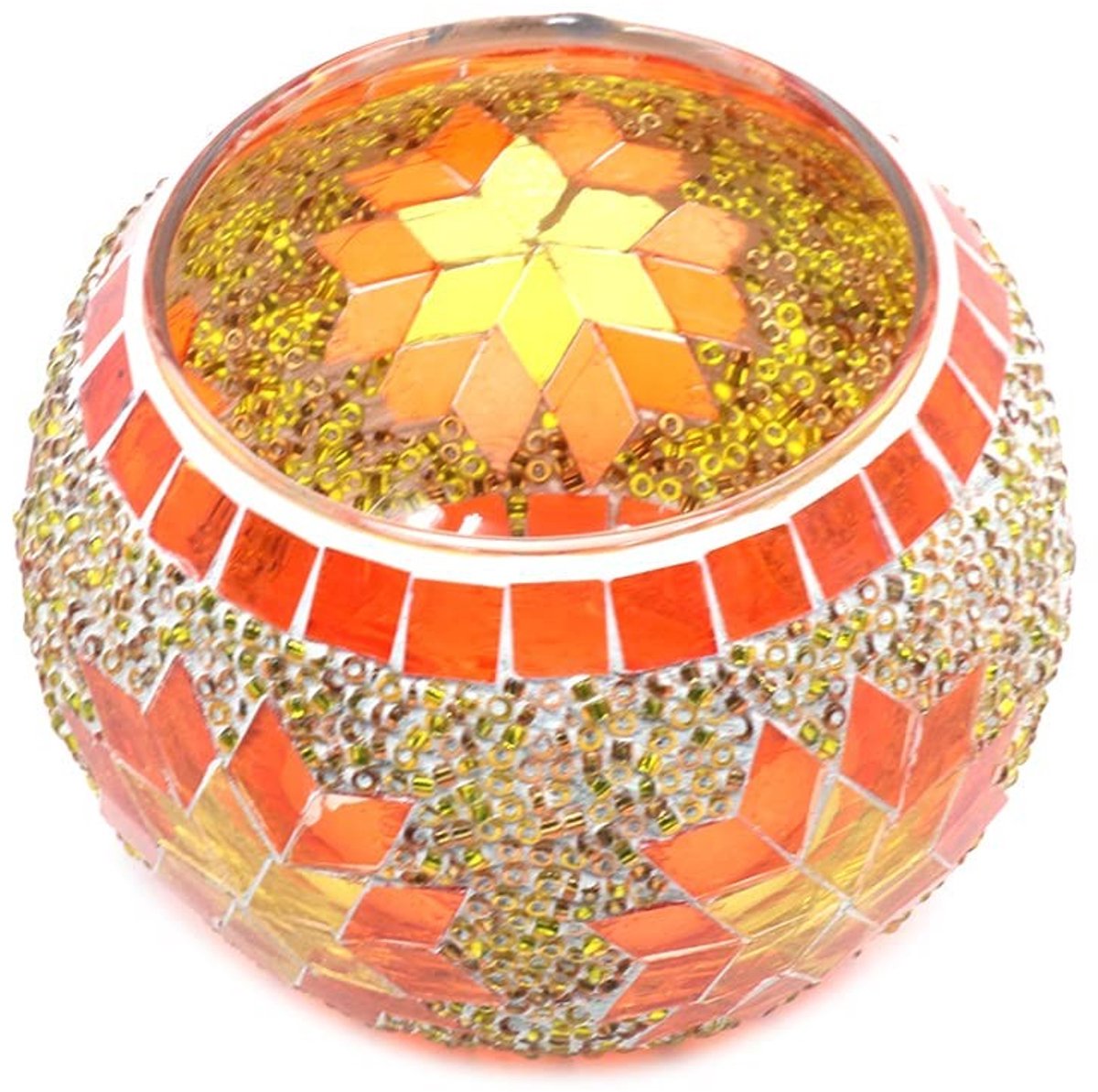 MTTProducts - Mosaic Rond Glazen Kaarsenhouder - Theelichthouder - Handgemaakt - Oranje - Tafelcentrepiece - Voor Woondecoratie - Ideaal voor Bruiloften