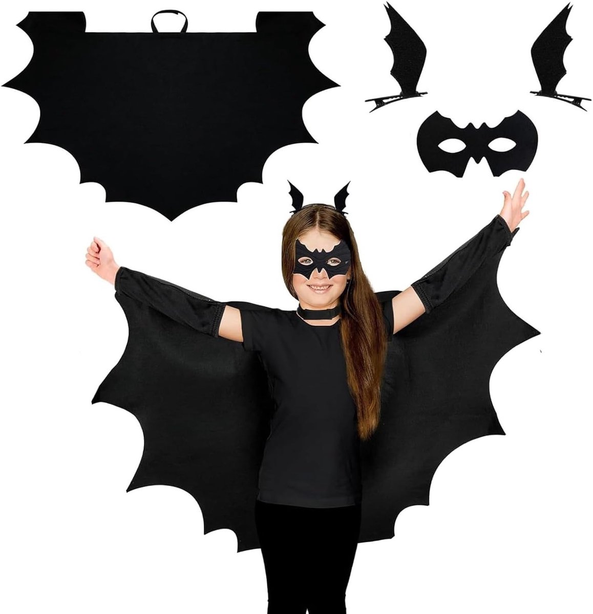Griezelig Halloween Vleermuis Kostuum voor Kinderen, Vleermuiskap, Masker en Haarclip voor Feestjes en Verkleedpartijen, Maat M