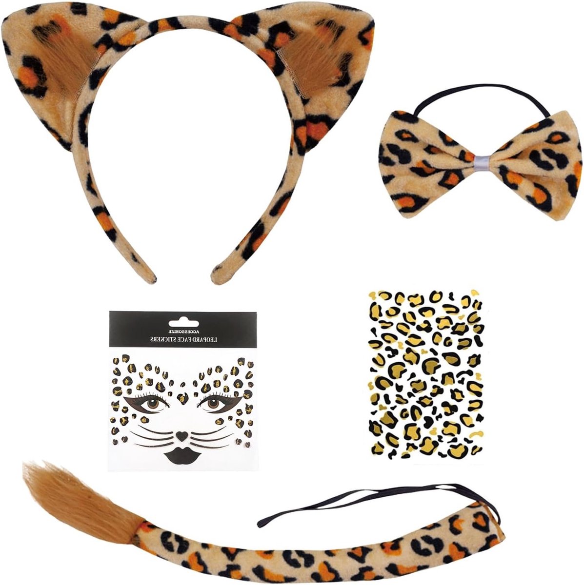 Dierenkostuum voor Vrouwen, 5-delige Set met Oren, Staart, Strik en Tatoeage voor Carnaval en Halloween, Perfect voor Feestjes en Themapartijen