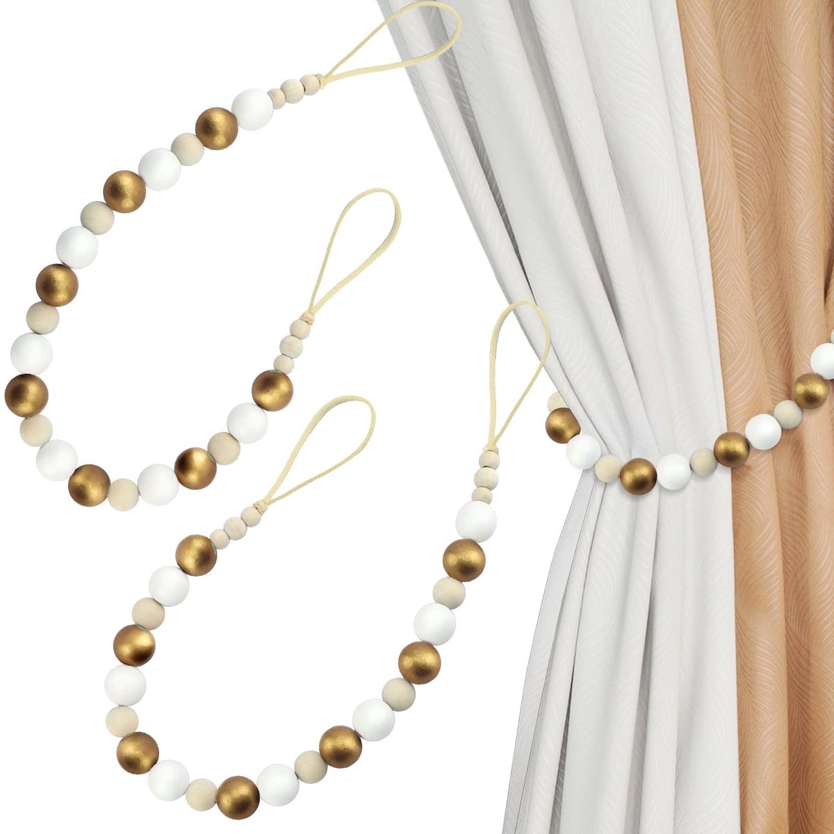 NTHProducts - Houten Gordijn Ties - Boho Gordijnhouders - Verstelbaar voor Elke Stijl - Goud & Wit - Decoratieve Accessoires - Geschikt voor Slaapkamer...