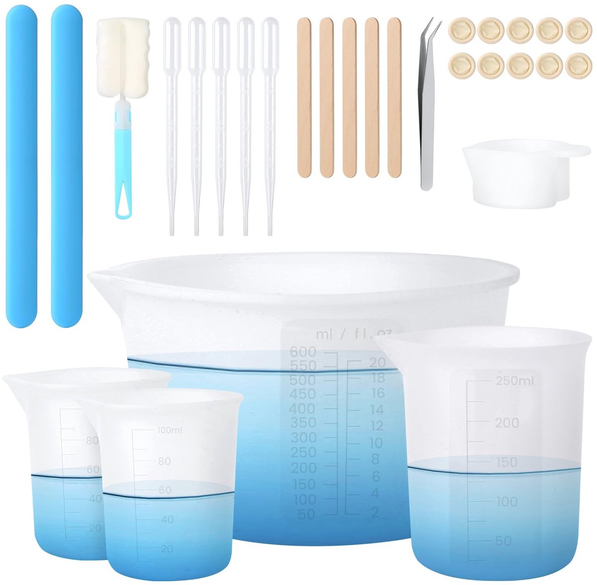 NTHProducts - Silicone Measuring Cups - Set van 5 - Perfect voor Epoxy Resin - 600ml, 250ml, 100ml - Inclusief Stir Sticks - Ideaal voor DIY-projecte