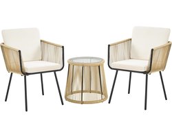 Balkon meubelset 3-delig rotan tuinset - Comfortabel zitten voor 2 personen - Stevig metalen frame & glazen tafel - Inclusief kussens - Balkon terras tuin lounge set wicker tuinmeubelen
