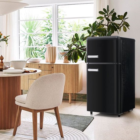 Retro koelkast zwart 72L tafelmodel met vriesvak, LED verlichting, energieklasse E, 3 verstelbare legplanken