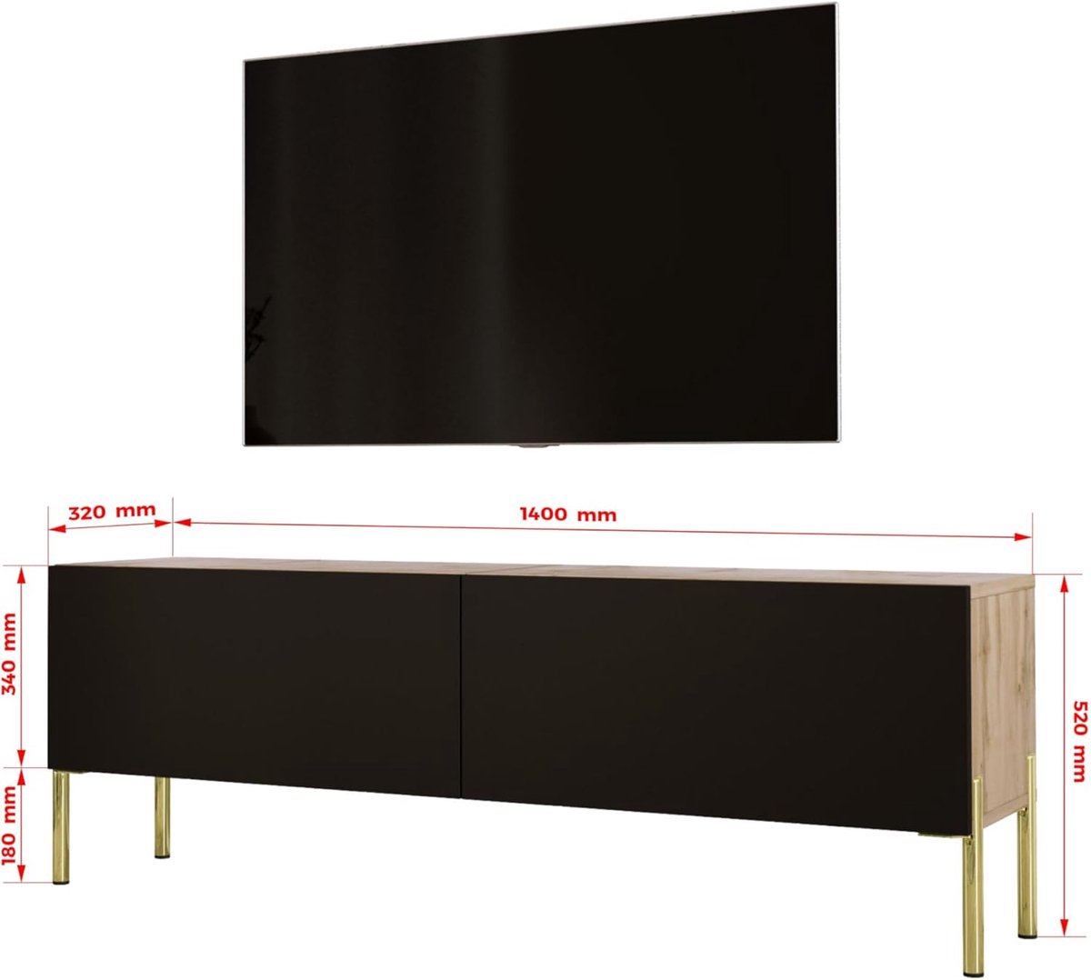 Laag Modern TV-meubel - Wotan Eiken/Mat Zwart Gouden Poten - 140x52x32 cm