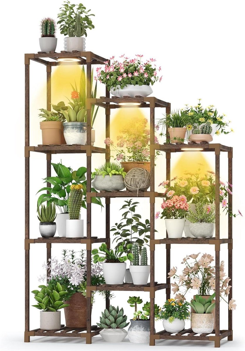 Houten plantenstandaard - Plantenrek - Kamerplanten Binnen - Met Kweeklamp - 4 Niveaus - Bruin