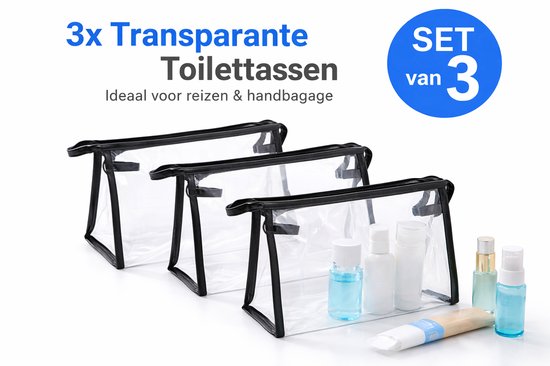Drie transparante toilettassen met flacons, '3x Transparante Toilettassen', 'Set van 3'.