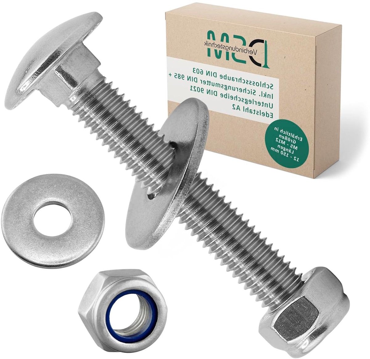 DSM – Slotbouten M12 x 65 mm volgens DIN 603 – M12 beveiligingsmoer DIN 985 & sluitring DIN 9021 – Roestvast staal A2/V2A – Schroeven met platte ronde kop en vierkante aansluiting – Stopmoeren – 25