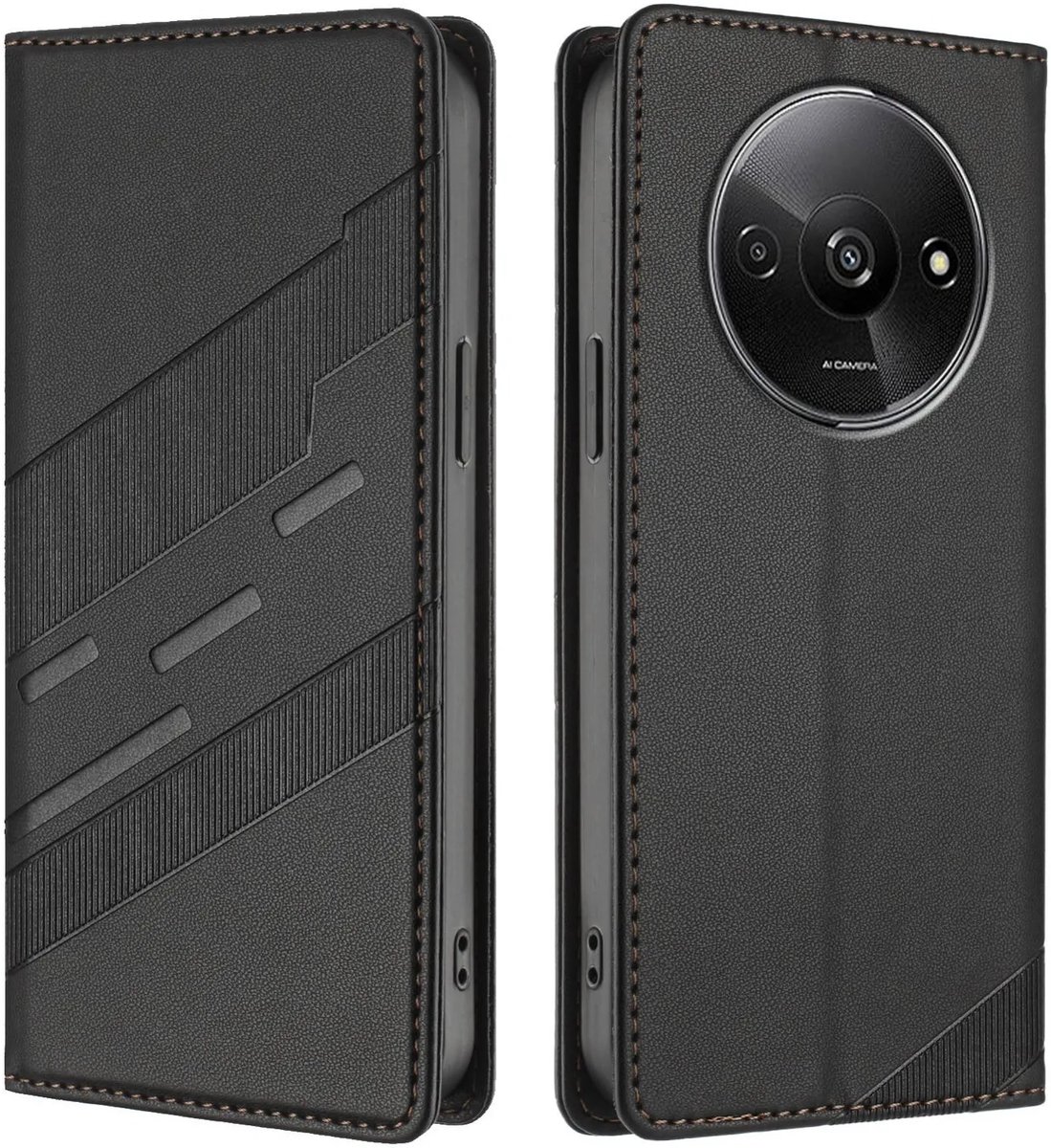 Hoesje geschikt voor Xiaomi Redmi A3 - Phonesta Embossed Lines Book Wallet Case - Zwart