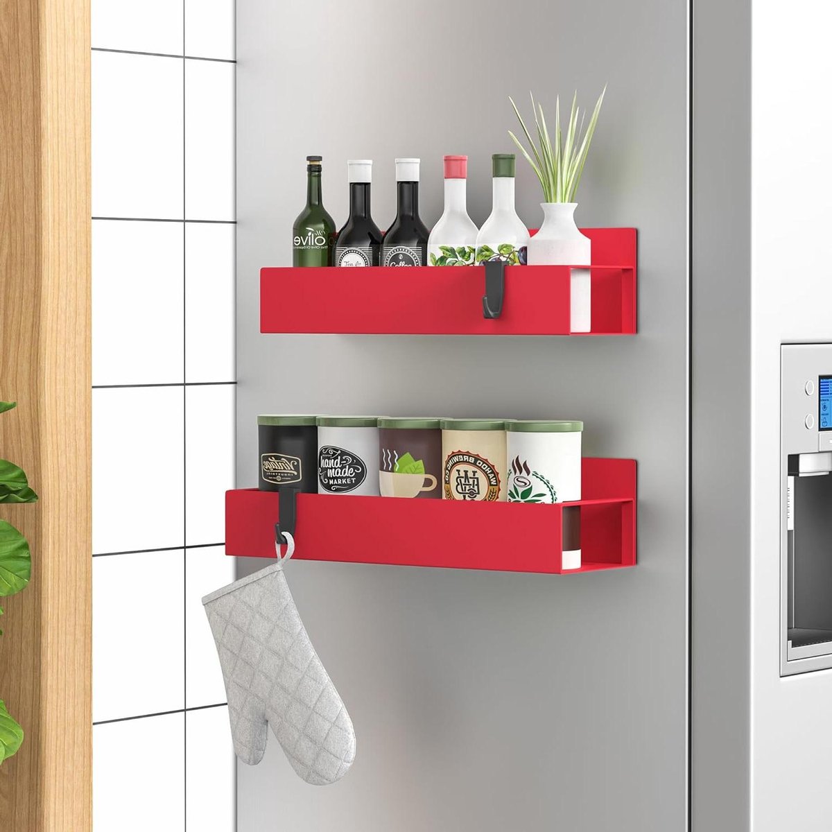 Magnetische Kruidenrekken - Koelkast Organizer - Keuken Opbergen - Sterke Magneet - 2 Stuks - Rood