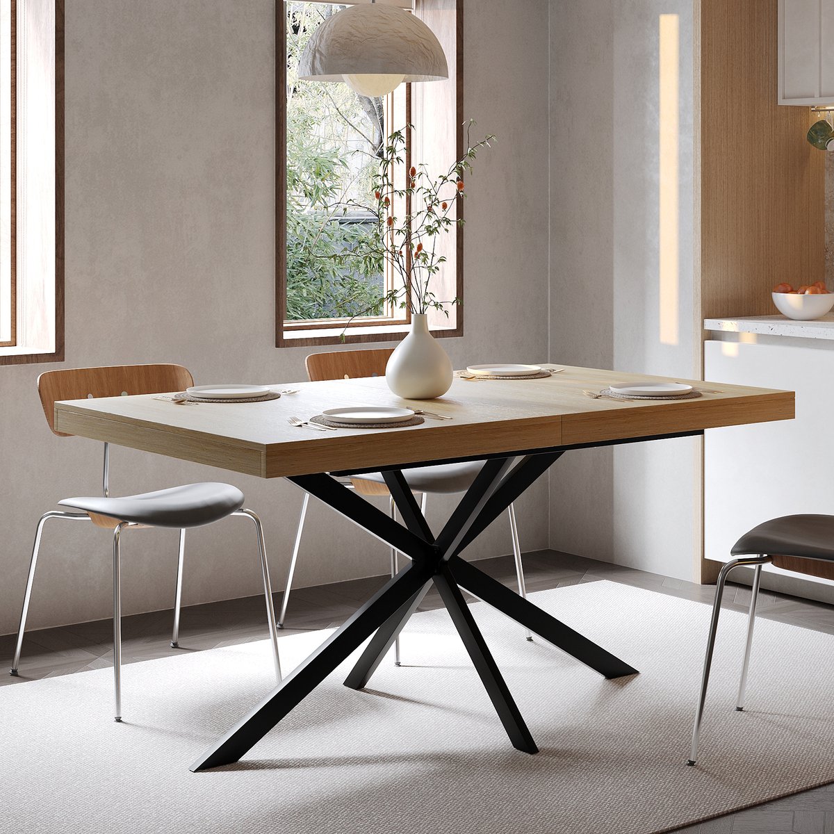 Wishdor - Uitschuifbare Eettafel - Verborgen Opbergruimte En Soepele Uitschuiffunctie - Modern Industrieel Ontwerp - Voor Eetkamer Of Keuken - MDF En Metaal - Naturel - 140-180 X 80 X 76 Cm