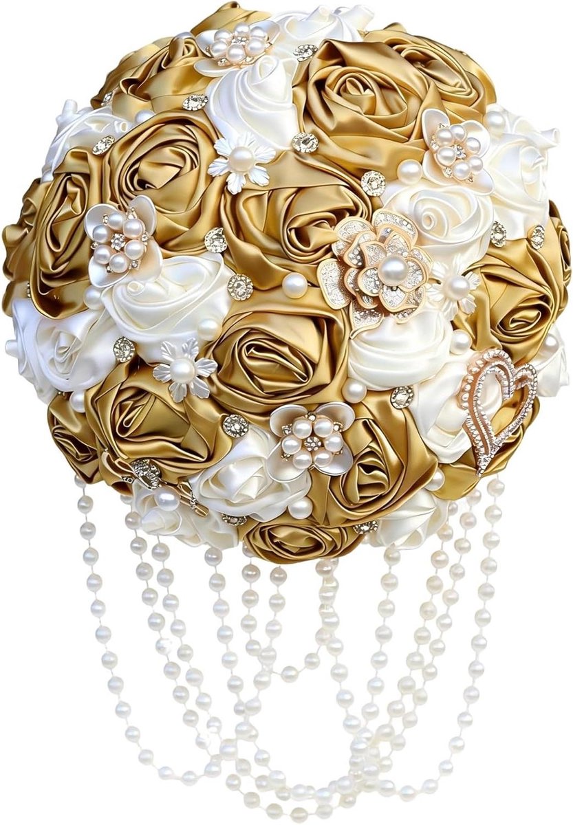 Bruidsboeket - Bruiloft Bloemen - Feestelijke Gelegenheid - Handgemaakt met Parels - 22cm Diameter - Goud Ivoor