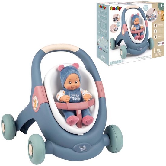 Smoby 3-in-1 loopwagen met babypop, blauw met roze accenten en schattige beren-oortjes op de muts van de pop.