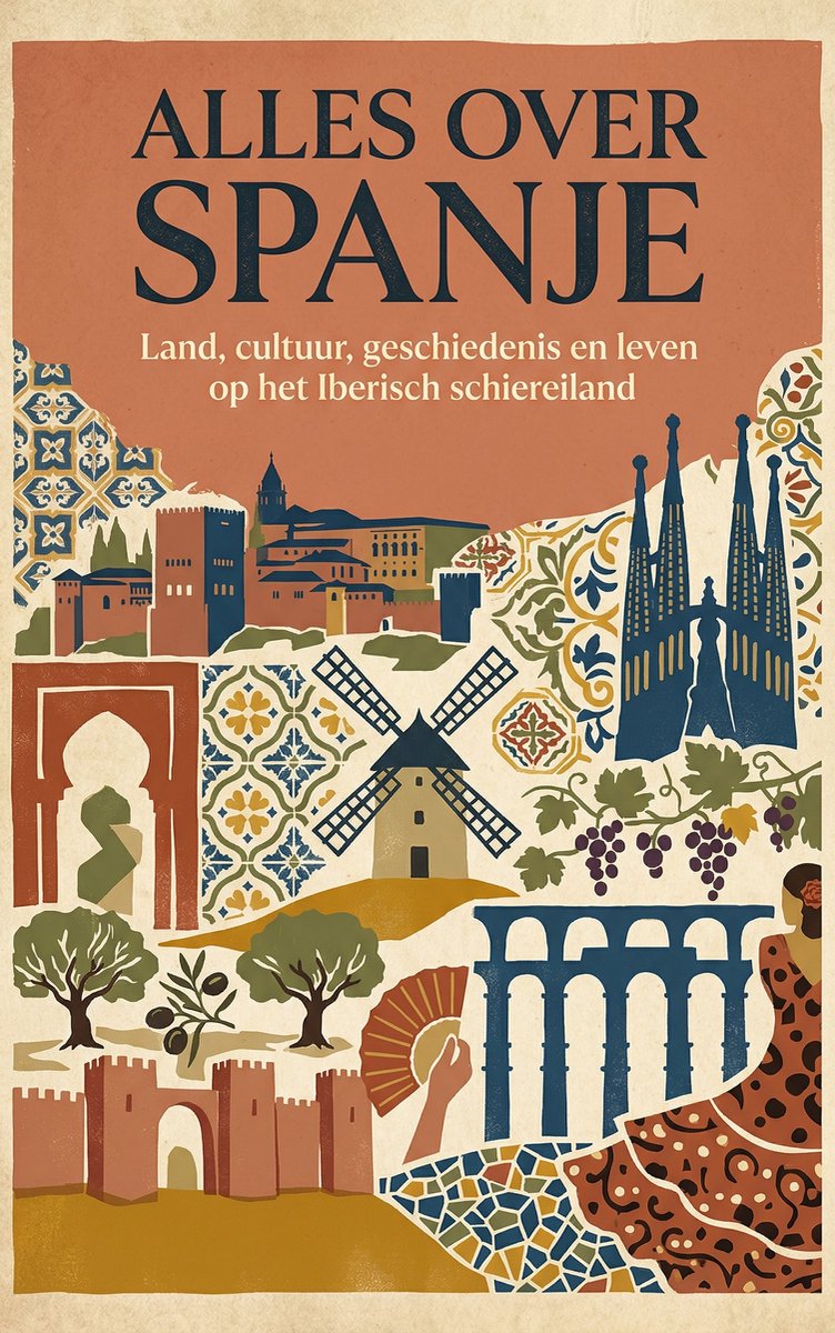 Boekomslag 'Alles over Spanje' met Spaanse landschappen, architectuur en molen.