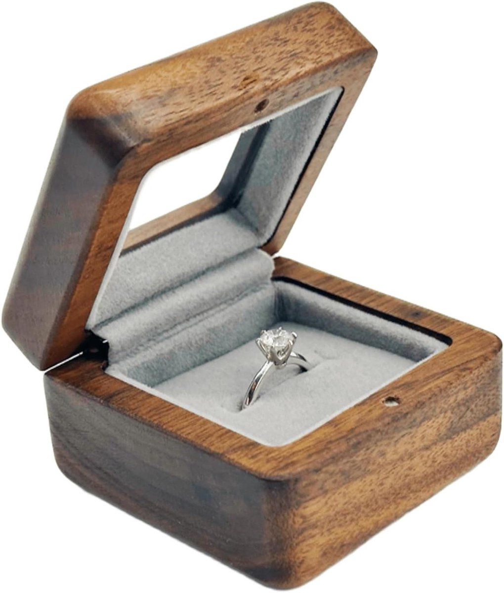 Houten Ringendoos - Sieraad Etui - Bruiloft Cadeau - Glazen Deksel - 6.1x6.1x4.1 cm - Bruin
