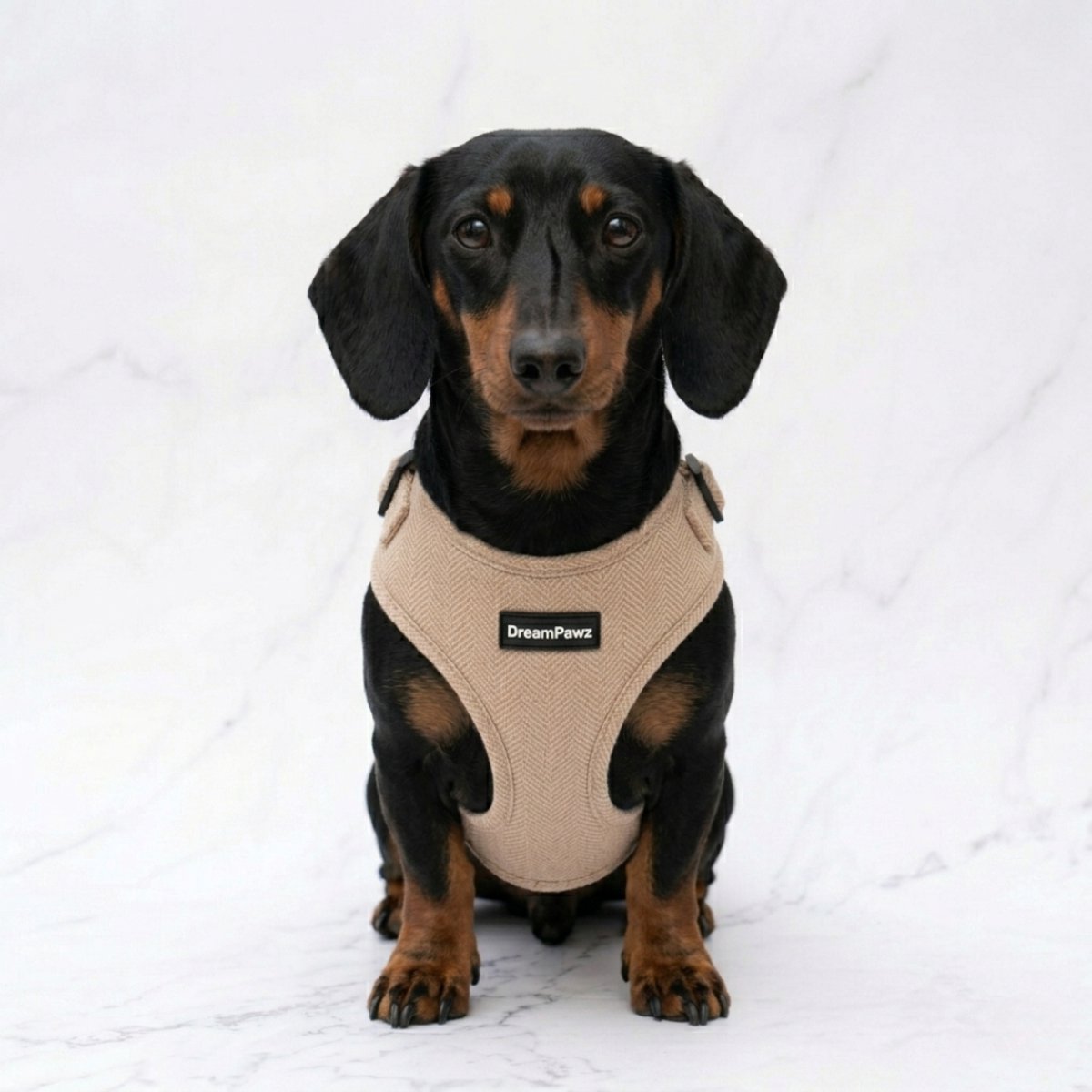 DreamPawz - Set van Hondentuigje, Riem en Poepzakjeshouder - 3-Delige Set - Hondenharnas, Leiband, Poepzakjedispenser - Visgraat Motief - Beige - L