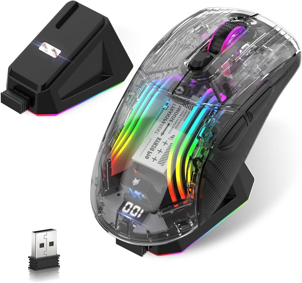Draadloze Gaming Muis - Stille Muis - Gaming en Esports - Transparant Design met Digitaal Display - 12.6x6.25x3.85cm - Zwart