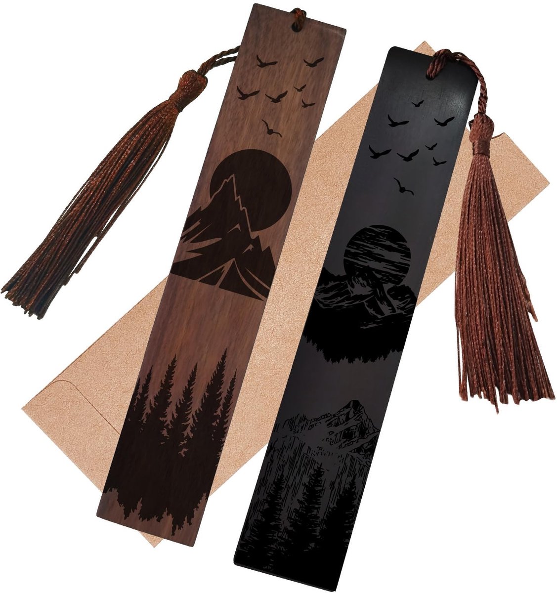 Allecto - Houten Boekenleggers - 2 Stuks met Berglandschap en Tassel - Perfect voor Boekenliefhebbers