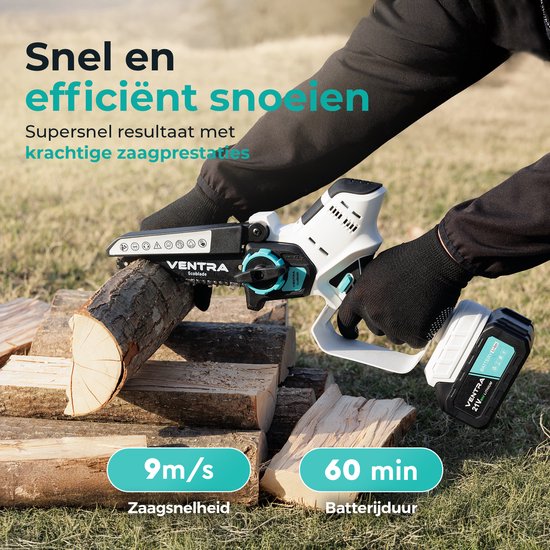 VENTRA® - Mini Kettingzaag - Heggenschaar 21V Accu - Handkettingzaag - Snoeizaag - Takkenzaag - 3000mAh - Inclusief 2 Accu's en 4 Kettingen van Ventra — afbeelding 3