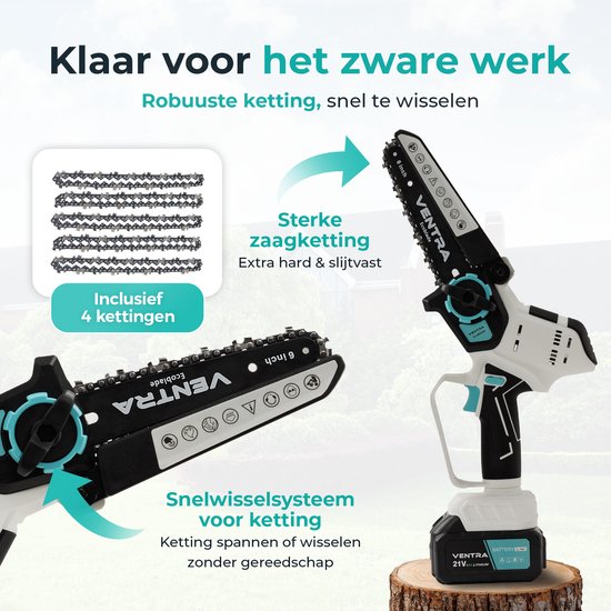 VENTRA® - Mini Kettingzaag - Heggenschaar 21V Accu - Handkettingzaag - Snoeizaag - Takkenzaag - 3000mAh - Inclusief 2 Accu's en 4 Kettingen van Ventra — afbeelding 4