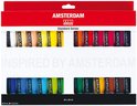 Doos met 24 tubes Amsterdam acrylverf in de kleuren wit, geel, oranje, rood, roze, paars, blauw, groen, bruin en zwart.
