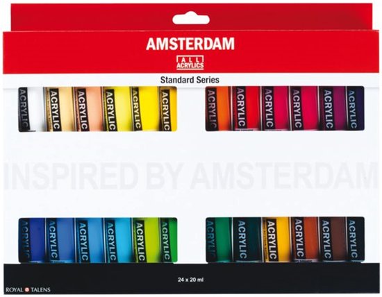 Doos met 24 tubes Amsterdam acrylverf in de kleuren wit, geel, oranje, rood, roze, paars, blauw, groen, bruin en zwart.