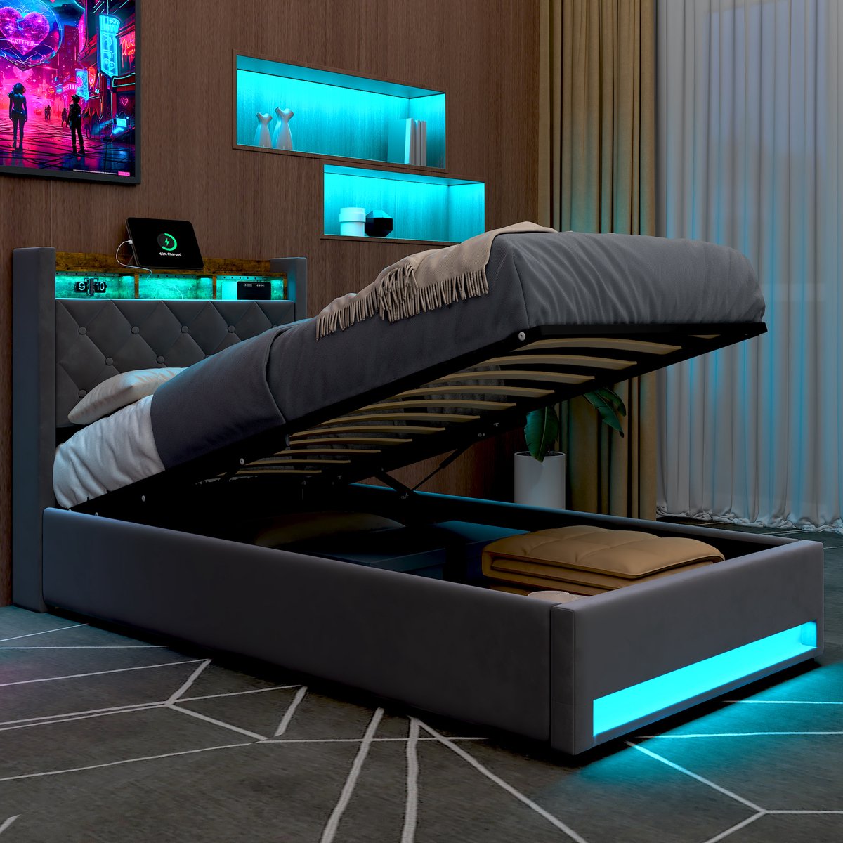 MODENUIT Gestoffeerd Bed 90x190 cm - Met Opbergruimte En USB Aansluiting en LED Licht - Met Lattenbodem Zonder Matras - Fluweel Grijs