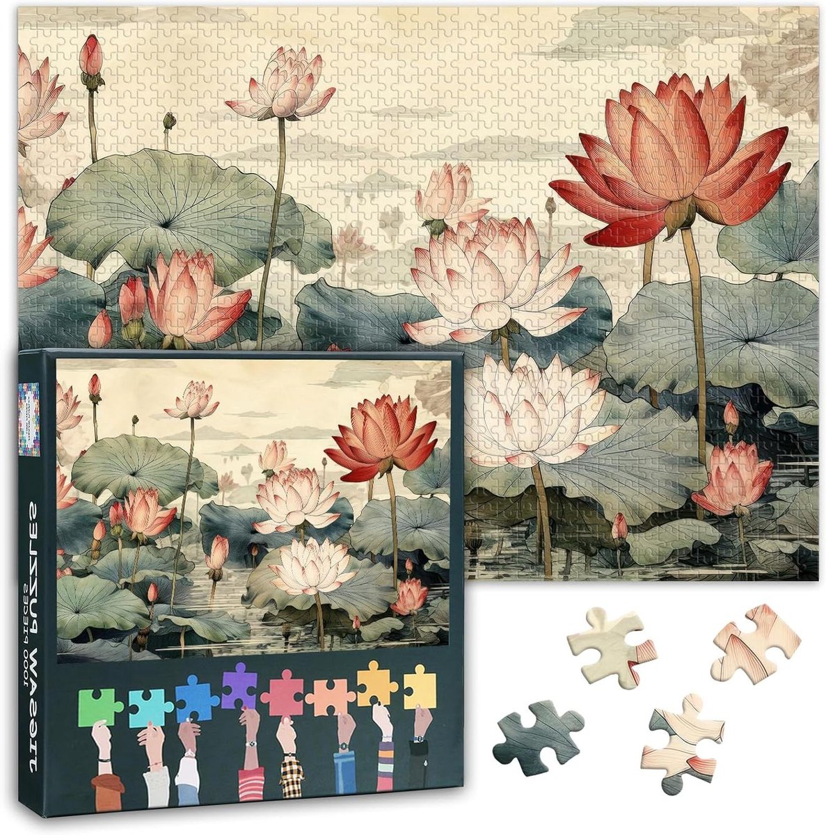 Uitdagende puzzel, perfect voor familiespel, feest, 1000 stuks, Lotusteich puzzels voor volwassenen, lotusbloem, jigsaw puzzels voor volwassenen, intelligentie, uitdaging spel, 50 cm x 70 cm