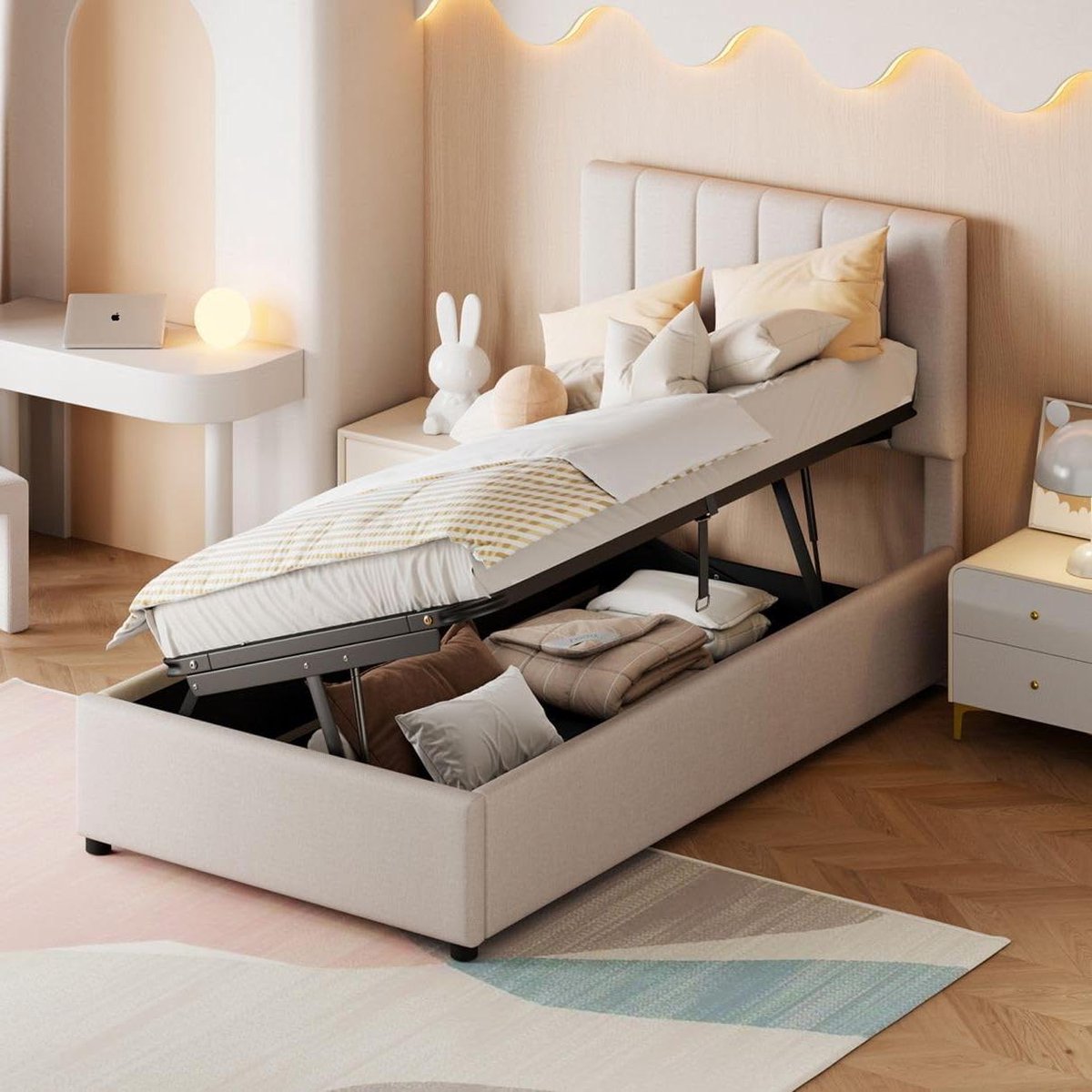 Kinderbed 90 x 200 cm, kistbed met hydraulische opslag, eenpersoonsbedden met verstelbaar 